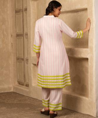 Pink cotton linen stripes print kurta set 2