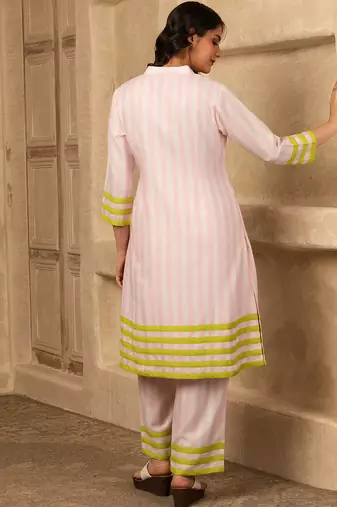 Pink cotton linen stripes print kurta set