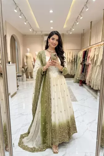 White georgette embroidered flared gown set