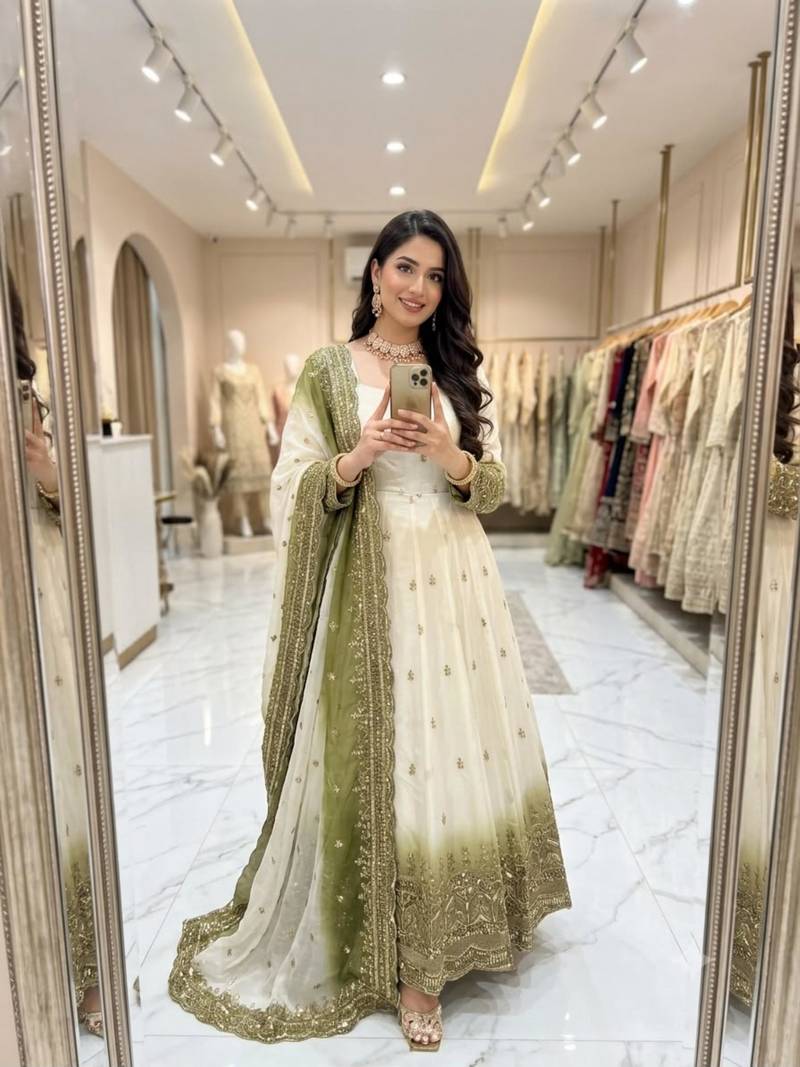 White georgette embroidered flared gown set