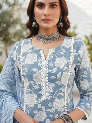 Blue floral printed cotton kurta set 3