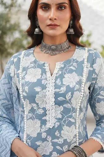Blue floral printed cotton kurta set