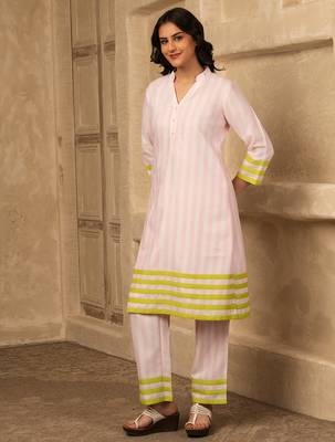 Pink cotton linen stripes print kurta set 3