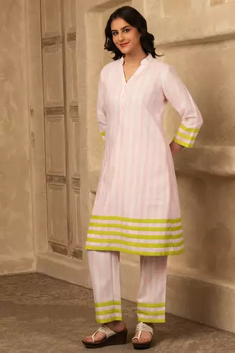 Pink cotton linen stripes print kurta set