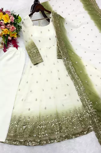 White georgette embroidered flared gown set