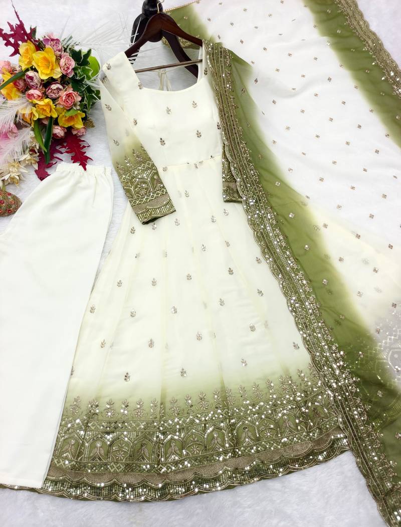 White georgette embroidered flared gown set