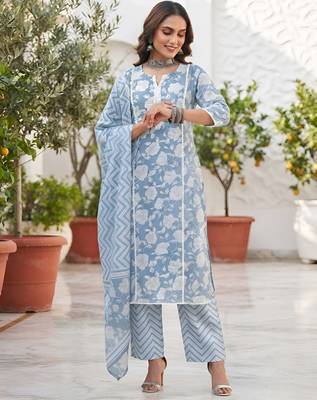 Blue floral printed cotton kurta set 4