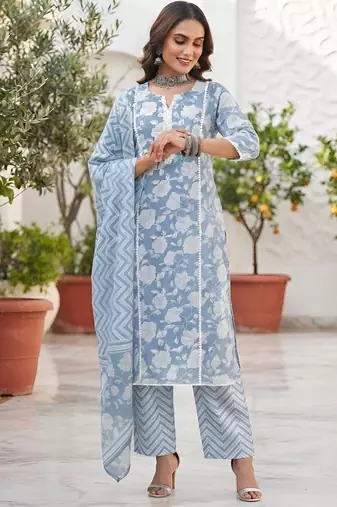 Blue floral printed cotton kurta set