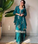 Teal georgette embroidered sharara set