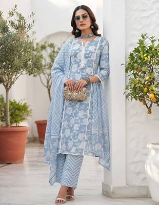 Blue floral printed cotton kurta set 5