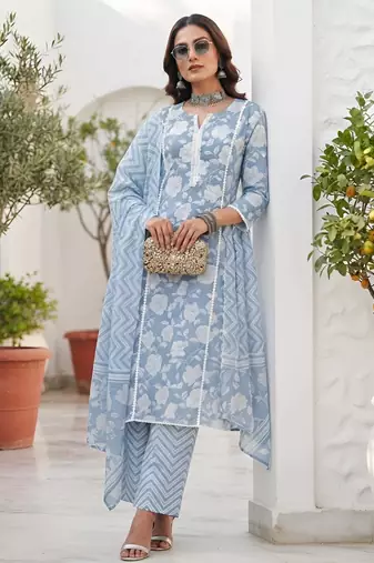 Blue floral printed cotton kurta set