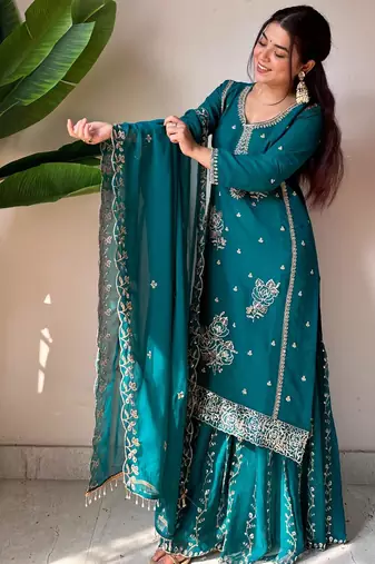 Teal georgette embroidered sharara set
