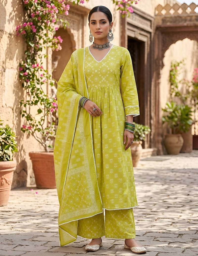 Green floral printed cotton kurta set