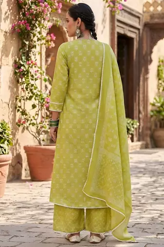 Green floral printed cotton kurta set