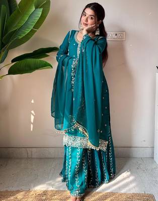 Teal georgette embroidered sharara set 4