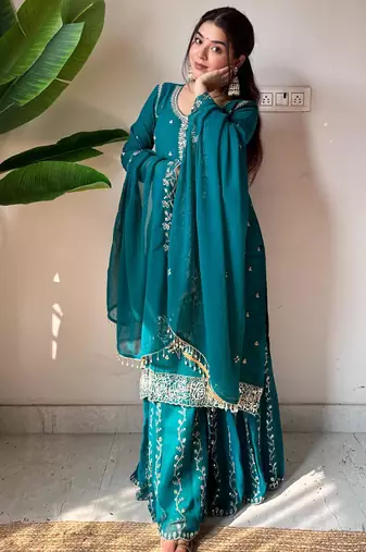 Teal georgette embroidered sharara set