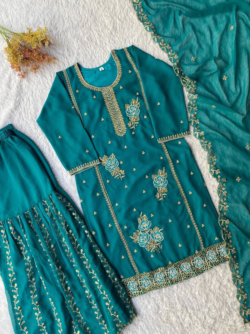 Teal georgette embroidered sharara set