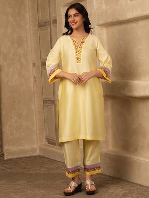 Yellow cotton kurta set with floral embroidery lace detailings 3
