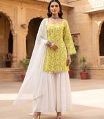 Green floral printed cotton kurta set