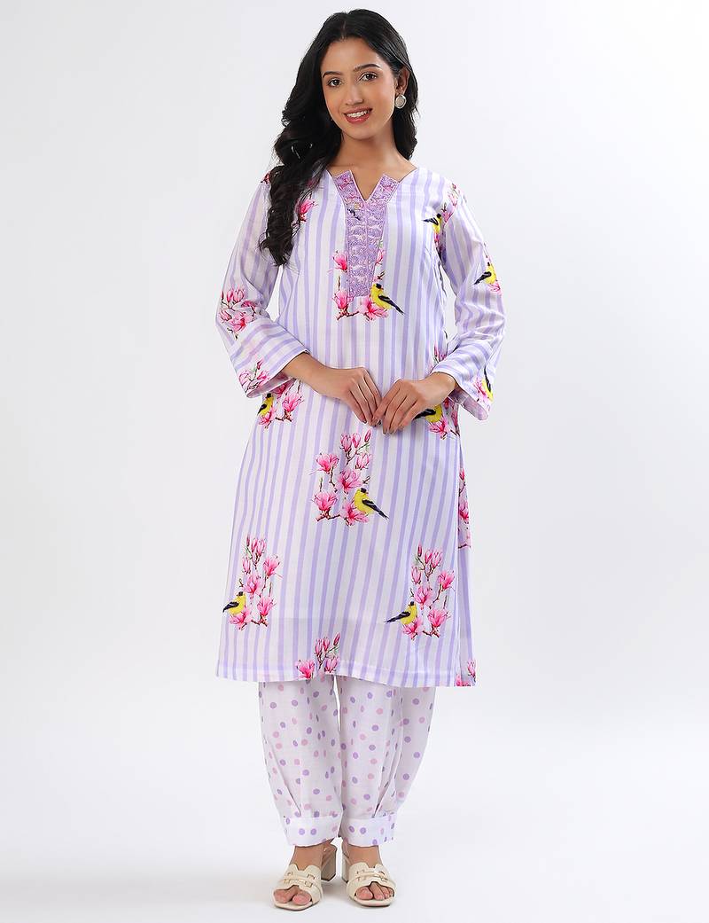 Lavender stripes cotton kurta set