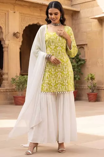 Green floral printed cotton kurta set