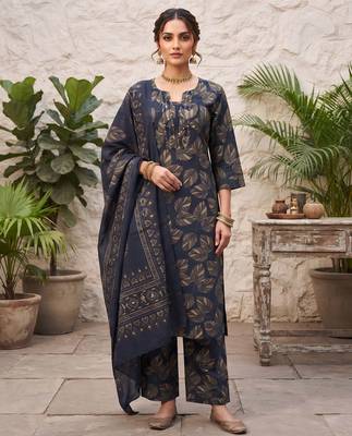 Blue floral printed cotton kurta set 1