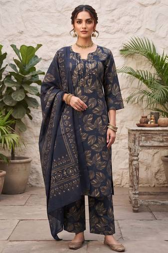 Blue floral printed cotton kurta set