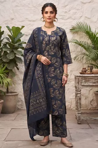 Blue floral printed cotton kurta set