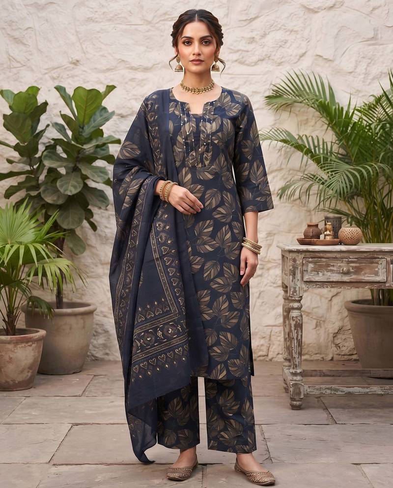 Blue floral printed cotton kurta set