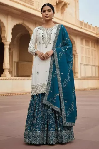 Off-white silk blend embroidered sharara set