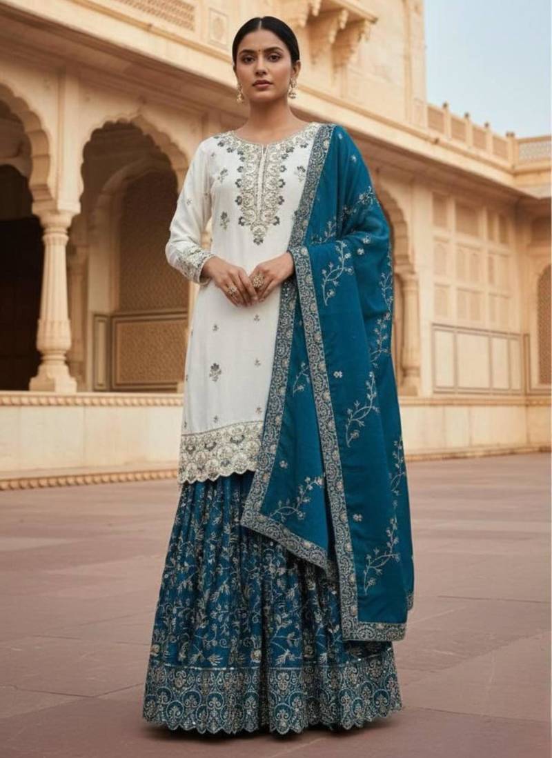 Off-white silk blend embroidered sharara set