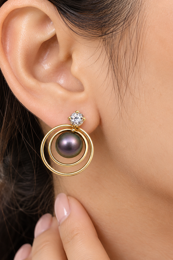 Certified natural freshwater pearls jewellery black freshwater pearl stud earrings with gold multi-circle frame