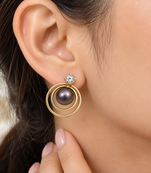 Certified natural freshwater pearls jewellery black freshwater pearl stud earrings with gold multi-circle frame