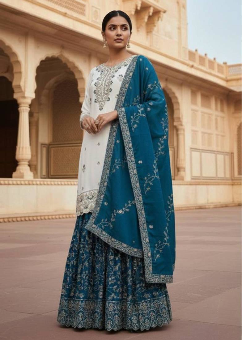 Off-white silk blend embroidered sharara set