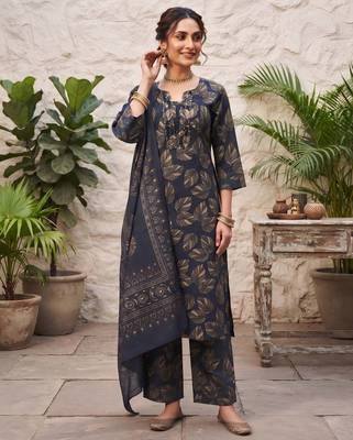 Blue floral printed cotton kurta set 3