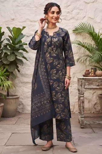 Blue floral printed cotton kurta set