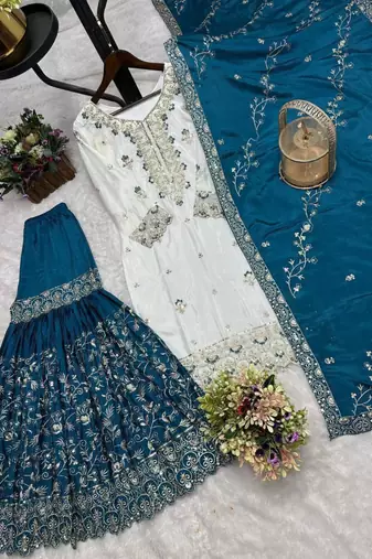 Off-white silk blend embroidered sharara set