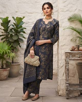 Blue floral printed cotton kurta set 4