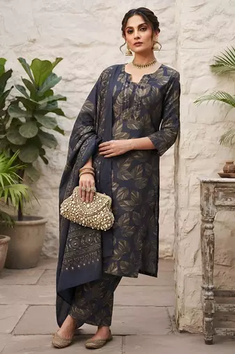Blue floral printed cotton kurta set