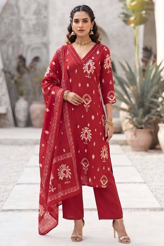 Red floral printed cotton kurta set