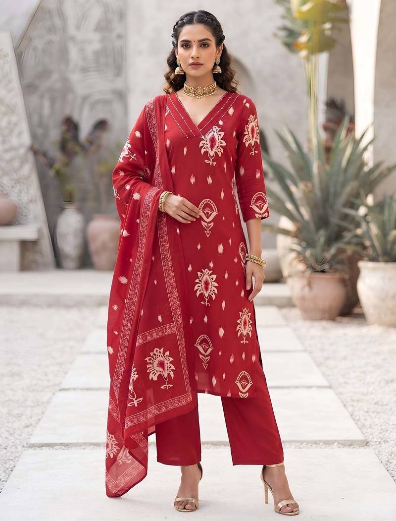 Red floral printed cotton kurta set