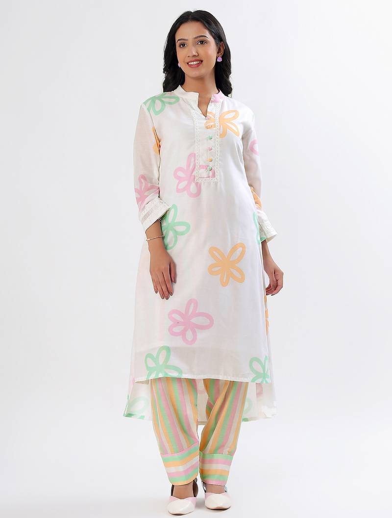 White floral cotton kurta set