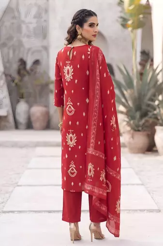 Red floral printed cotton kurta set