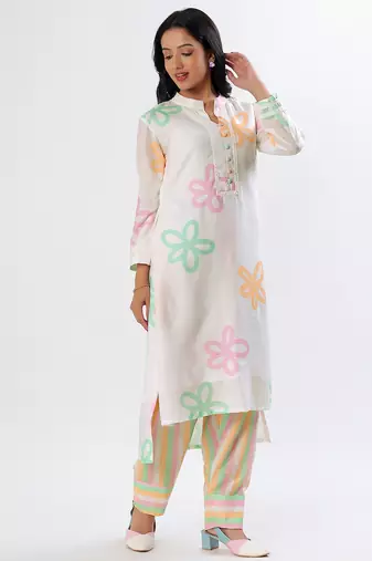 White floral cotton kurta set