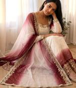 Off-white georgette embroidered flared gown set
