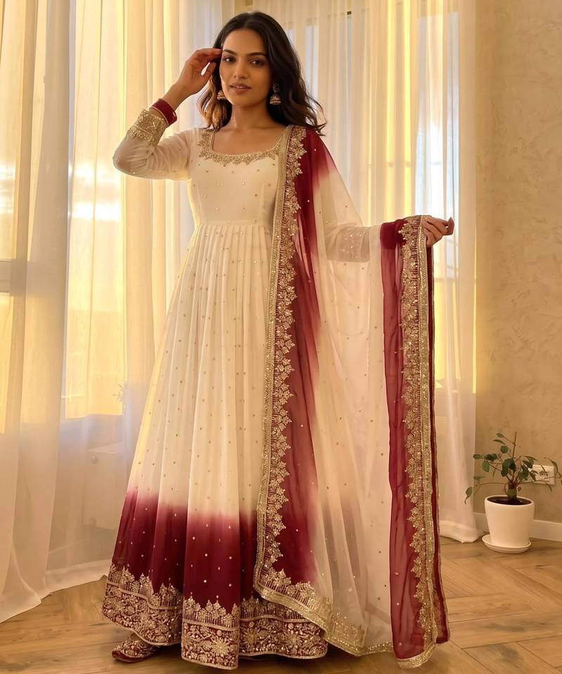 Off-white georgette embroidered flared gown set