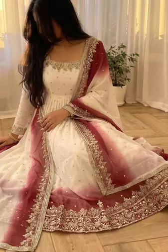 Off-white georgette embroidered flared gown set