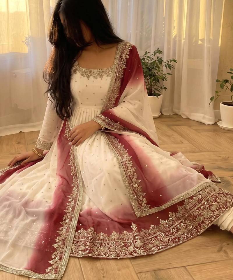 Off-white georgette embroidered flared gown set