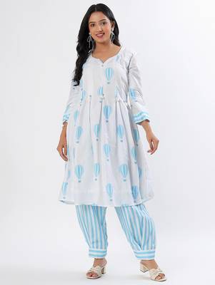 White & blue a-shape cotton kurta set 1