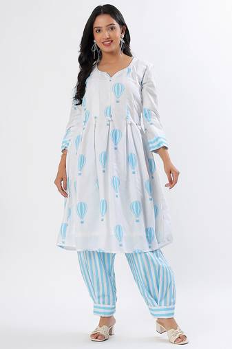 White & blue a-shape cotton kurta set